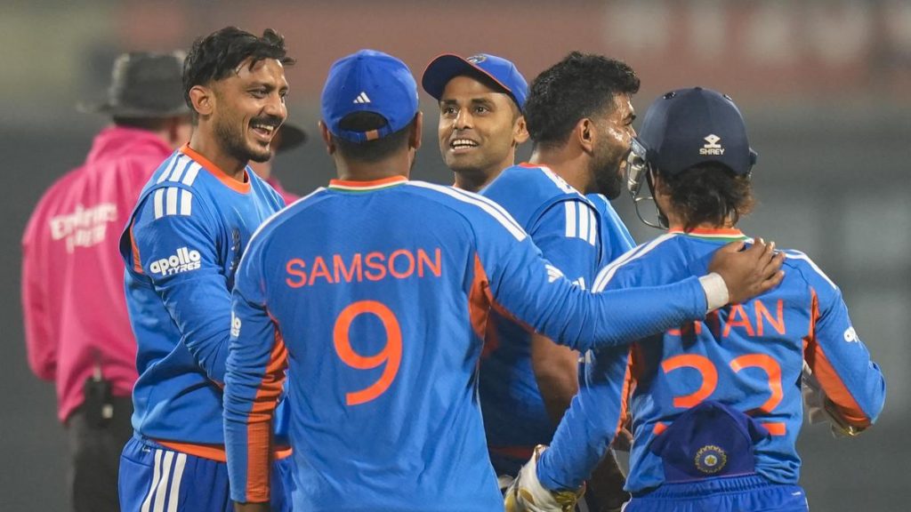India bowlers celebrate wicket against Namibia in T20 match February 12 2026 at Delhi