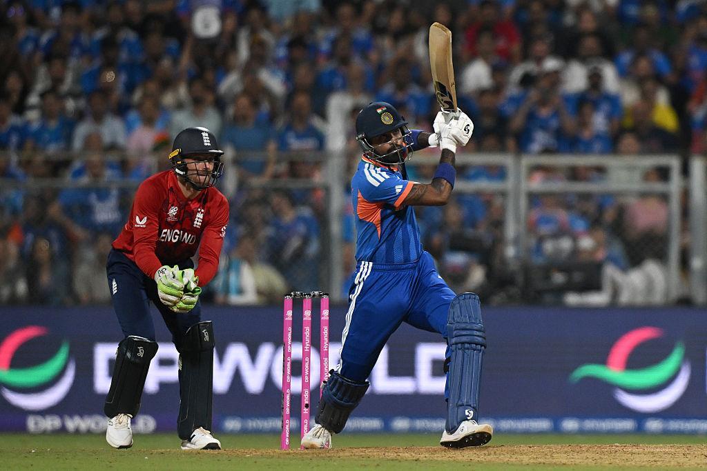 India batsman playing attacking shot during India vs England T20 World Cup semifinal 2026 at Wankhede Stadium